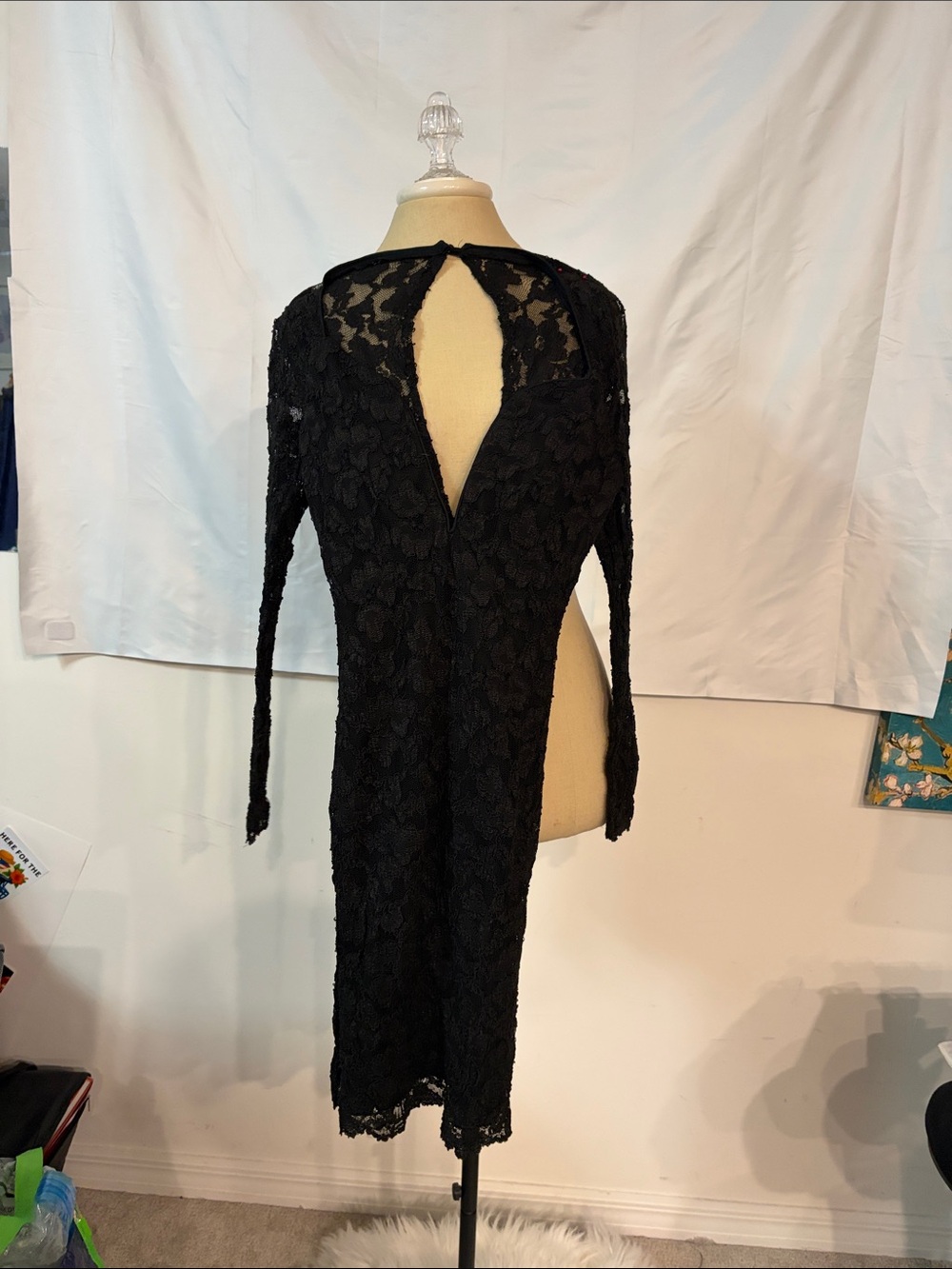 Women's Black Lace Long Sleeve Midi Dress